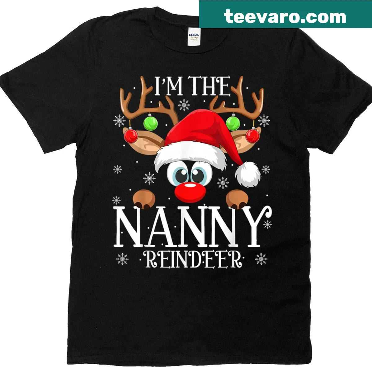 Cartoon reindeer nanny design on a Christmas family matching t-shirt — on a men's t-shirt