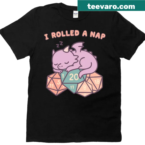 T-shirt featuring a dragon rolling a natural 20
