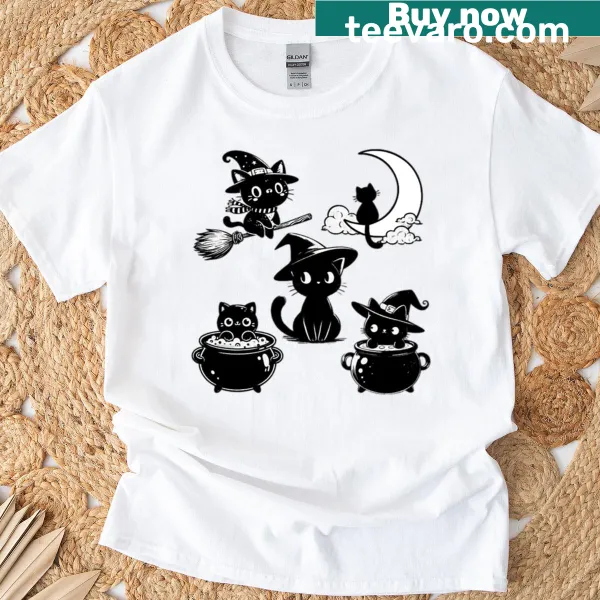Cartoon kittens as witches for Halloween on a t-shirt