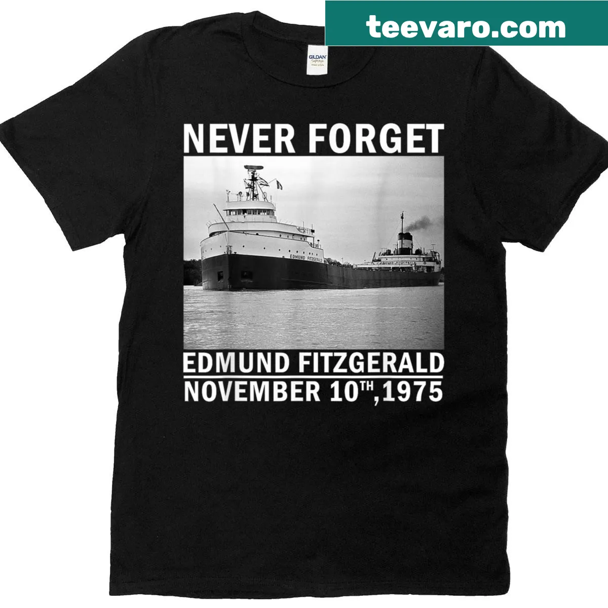 Memorial t-shirt honoring the Edmund Fitzgerald tragedy — on a men's t-shirt