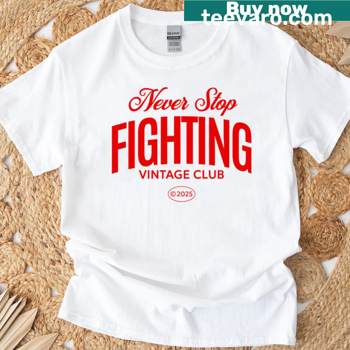 Vintage-style T-shirt with 'Never Stop Fighting' slogan prominently displayed — on a men's t-shirt