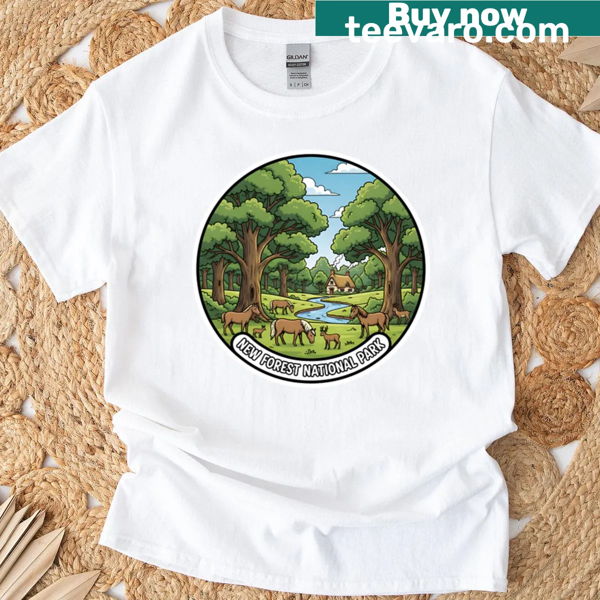 Illustrated T-shirt featuring New Forest ponies and woodland scenery — on a men's t-shirt