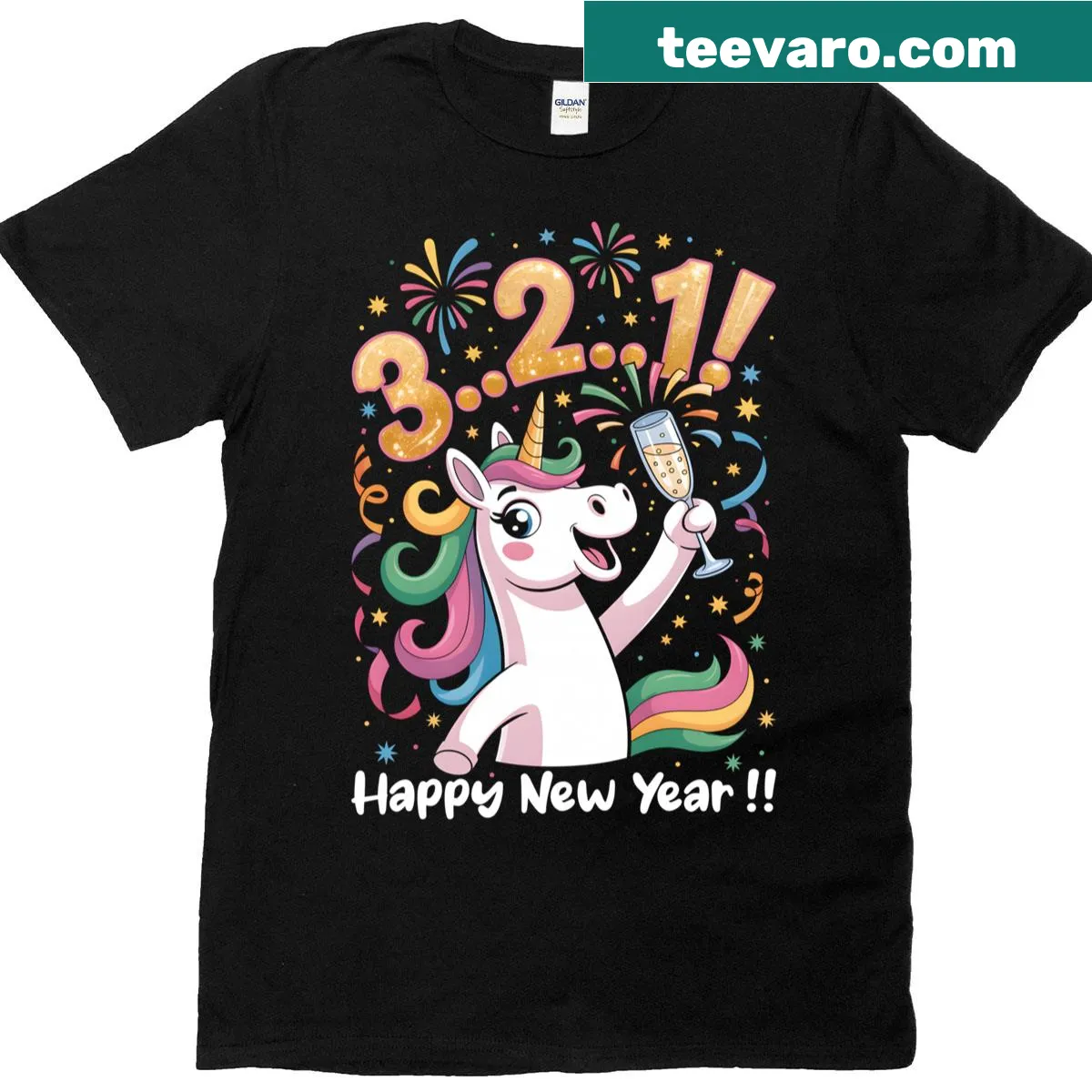 New Year's Eve t-shirt with a cartoon unicorn celebrating the countdown. — on a men's t-shirt
