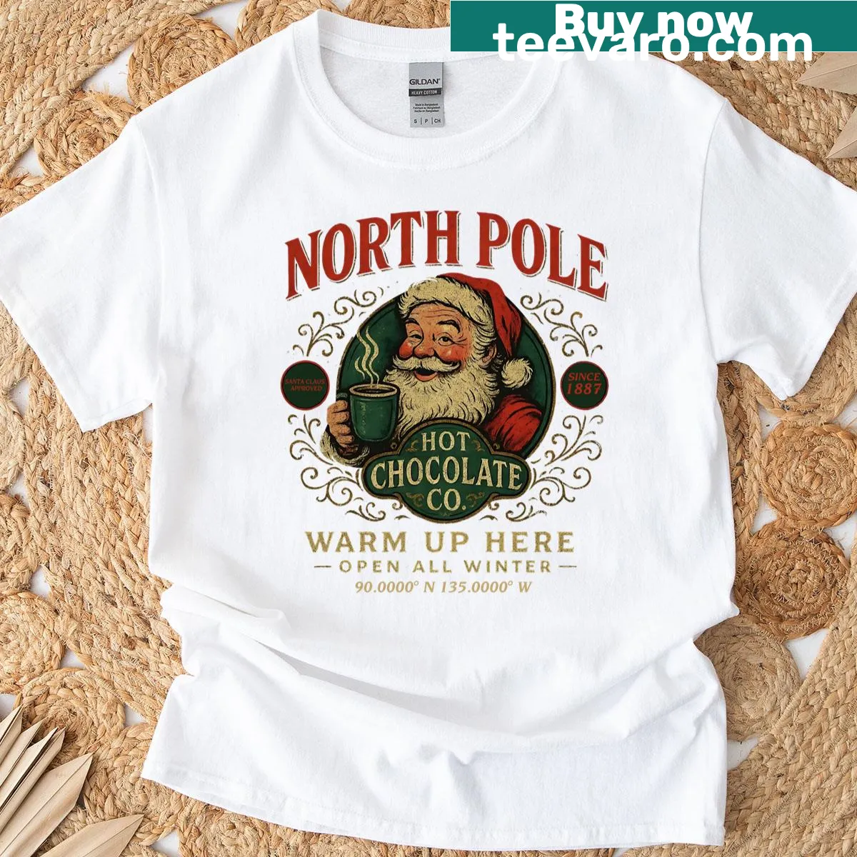 Vintage style t-shirt featuring Santa and hot chocolate design. — on a men's t-shirt