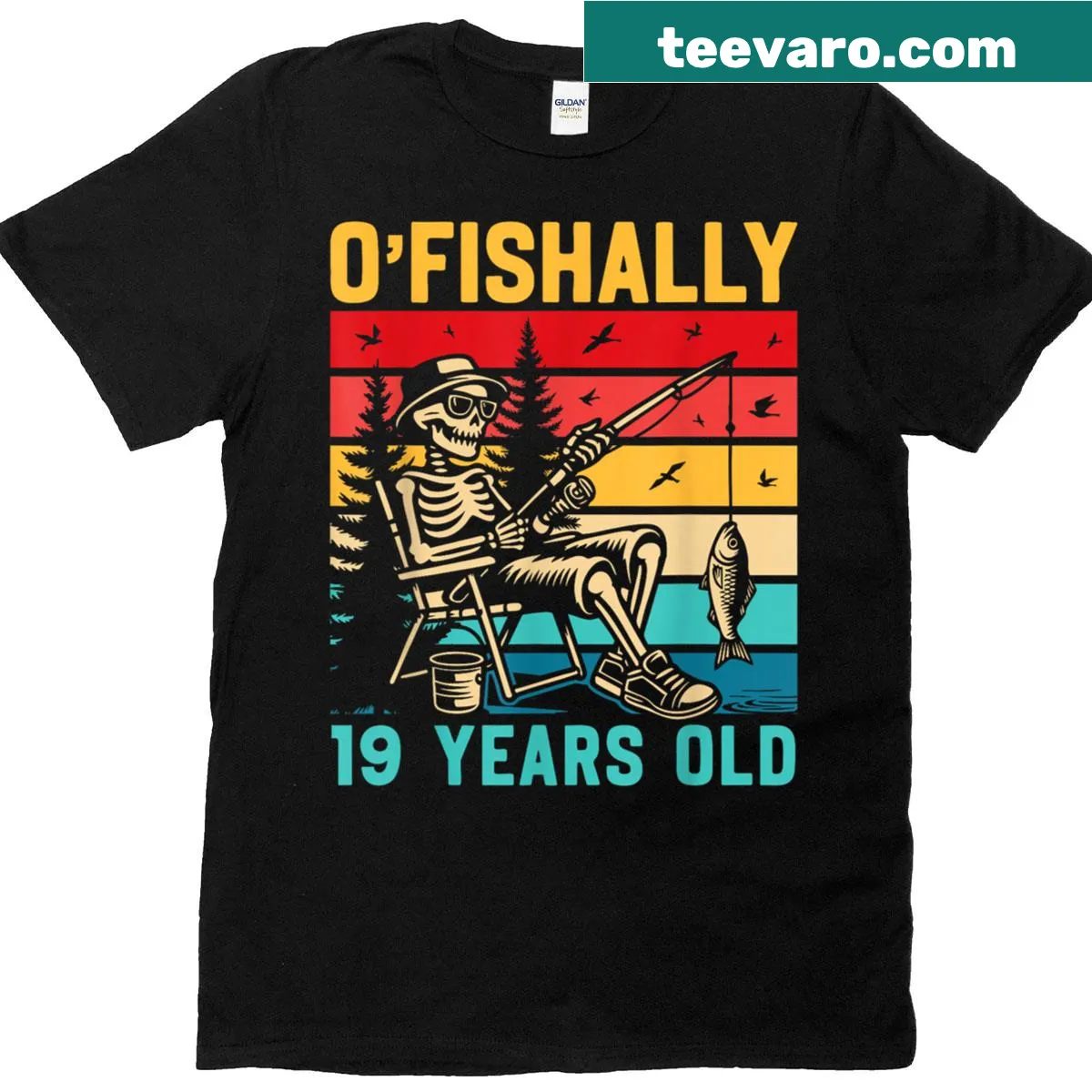 Vintage distressed t-shirt with 'Ofishally 19 Years Old' fishing graphic. — on a men's t-shirt
