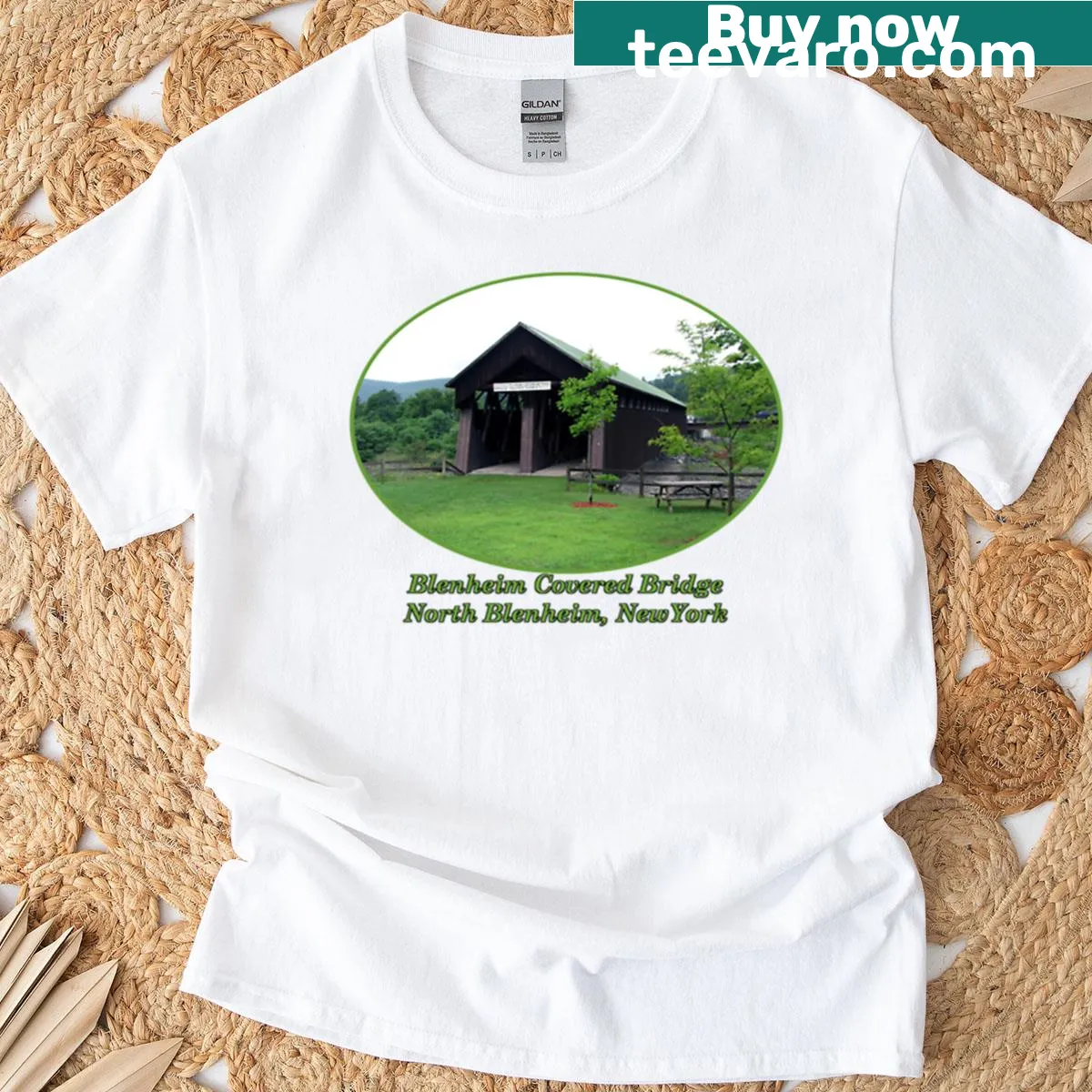 Vintage design t-shirt featuring the Old Blenheim Covered Bridge — on a men's t-shirt