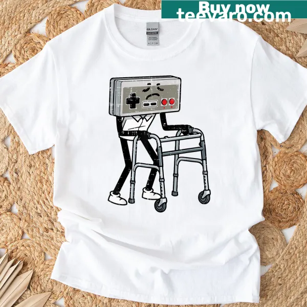 Cartoon t-shirt featuring an old gaming controller design.