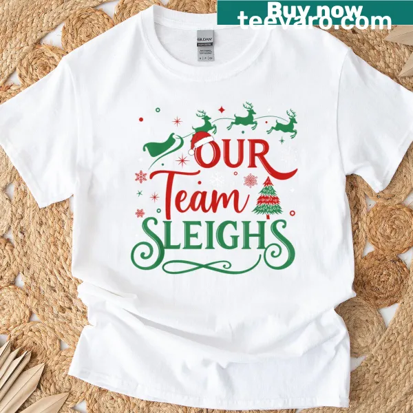 Funny typography T-shirt for teachers featuring Christmas reindeers and team spirit