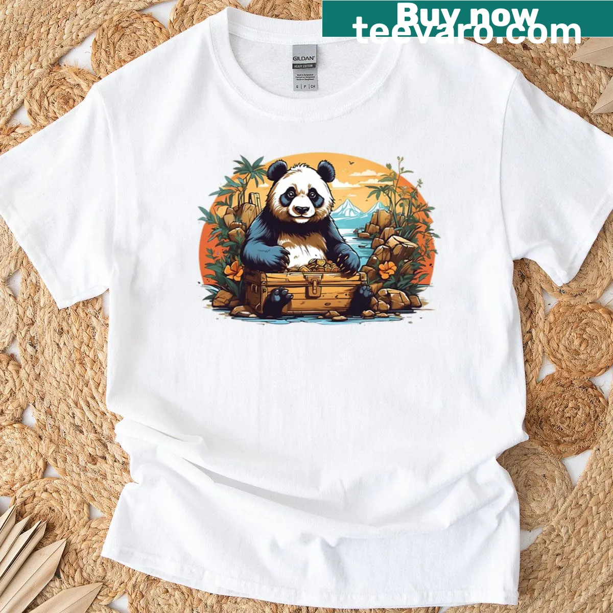 Cartoon panda design with a treasure chest for a playful look — on a men's t-shirt