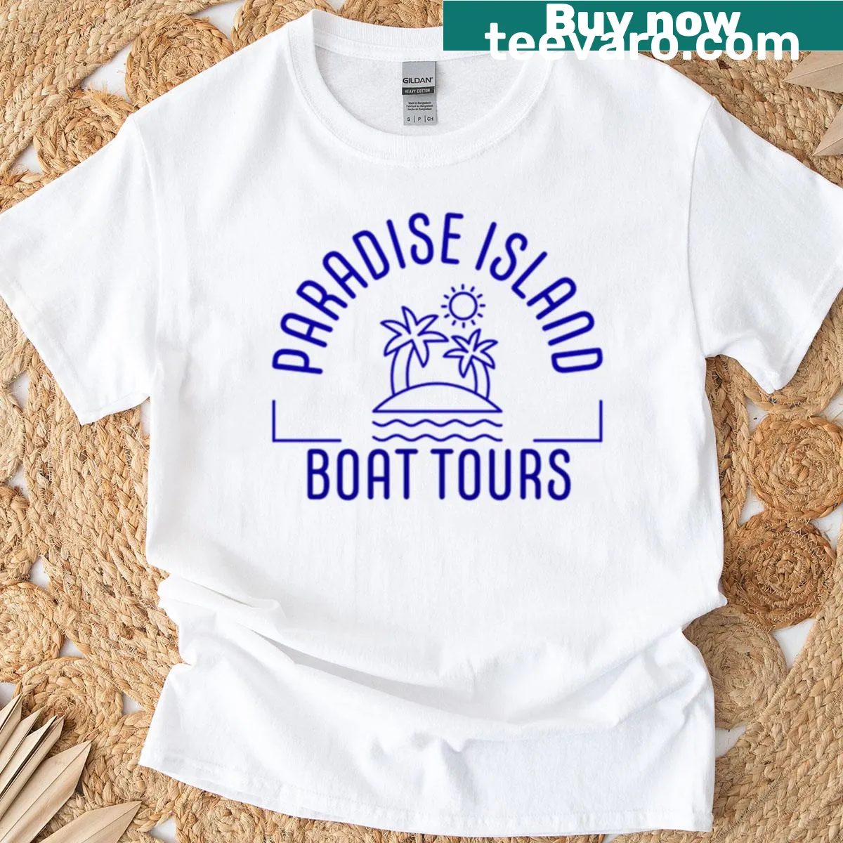 T-shirt featuring a design inspired by tropical boat tours and paradise islands — on a men's t-shirt