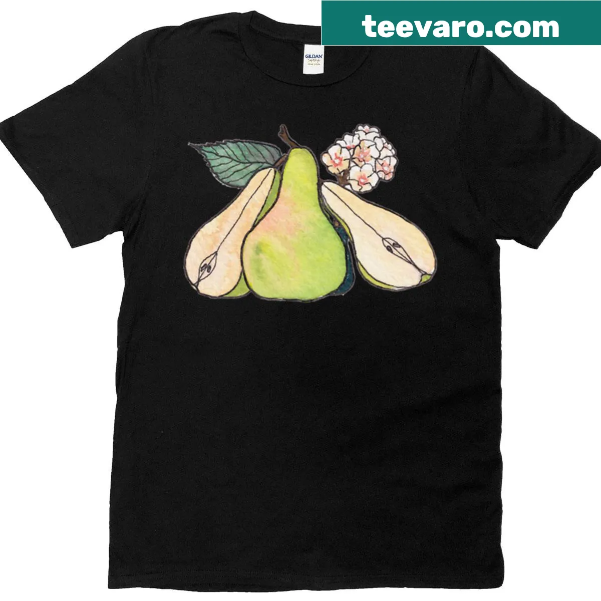 Cartoon T-shirt featuring a trio of pears in a playful design — on a men's t-shirt