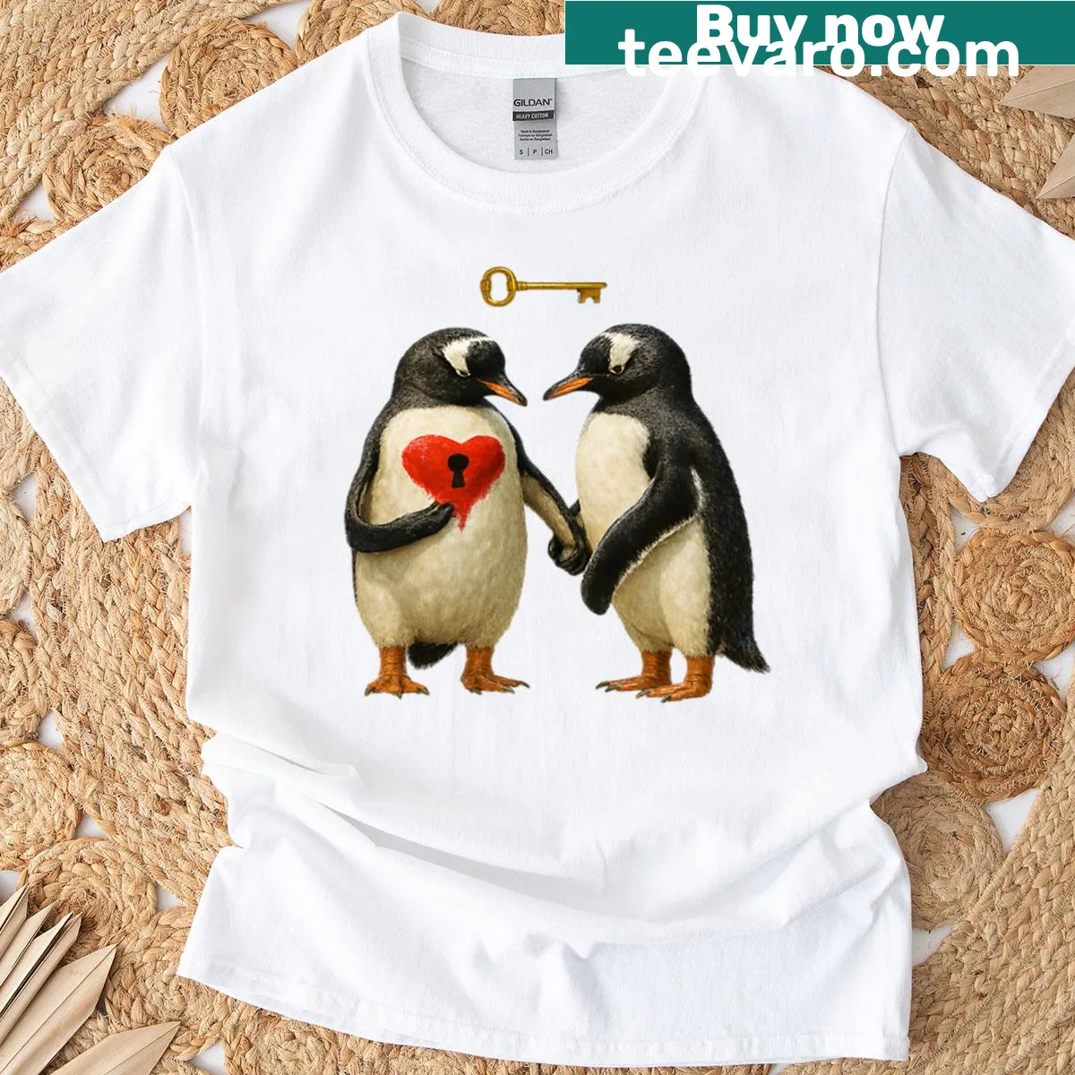 Illustration of penguins in a heartwarming scene on a t-shirt — on a men's t-shirt