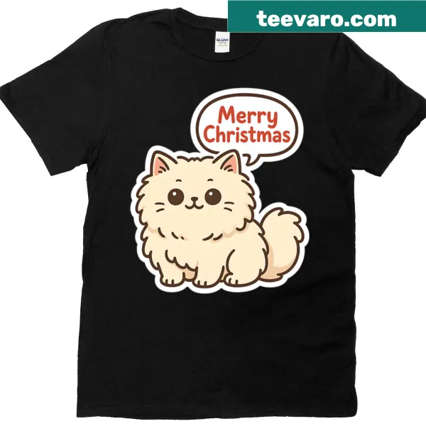 Illustration of a Persian cat in a Santa hat with Christmas text
