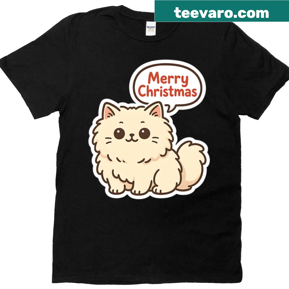 Illustration of a Persian cat in a Santa hat with Christmas text — on a men's t-shirt