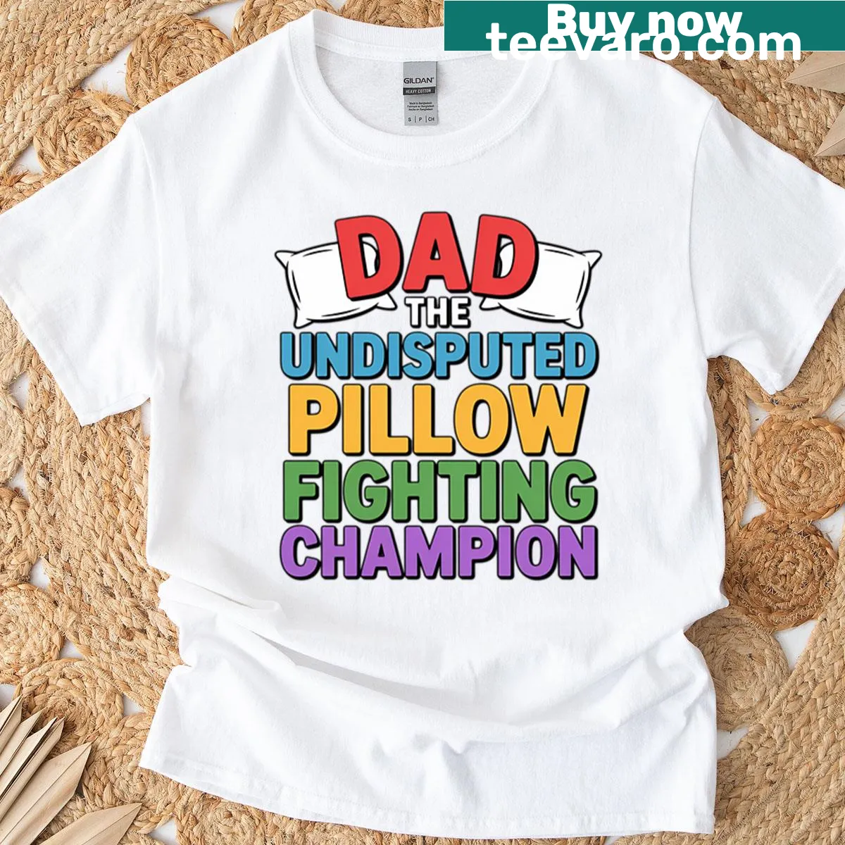 Funny T-shirt declaring dad as the Pillow Fighting Champion — on a men's t-shirt