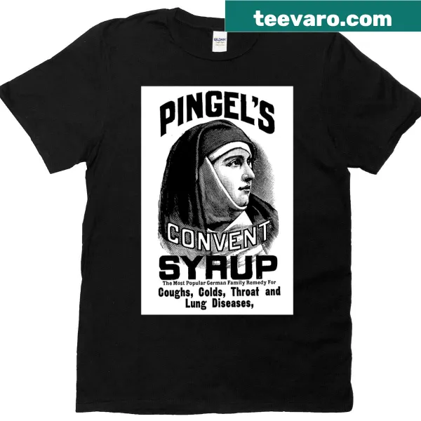 Playful T-shirt featuring Pingel's Convent Syrup woodblock design