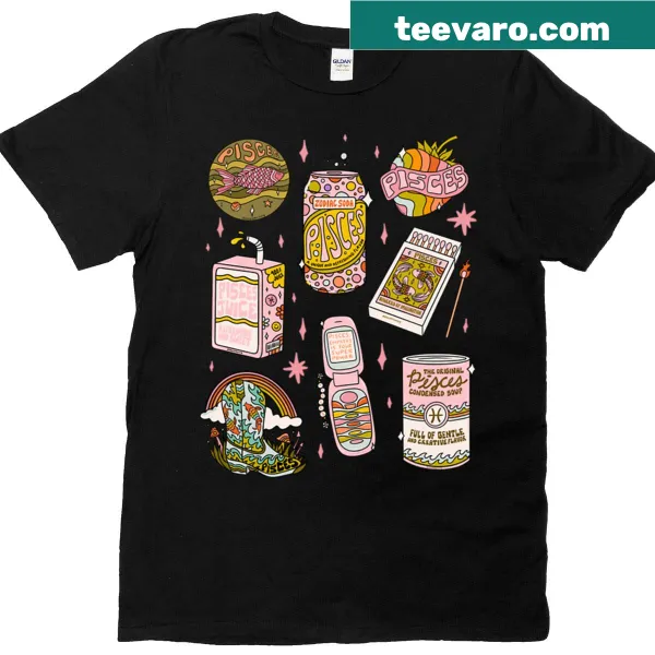 Astrology-themed T-shirt featuring a Pisces tattoo flash sheet design