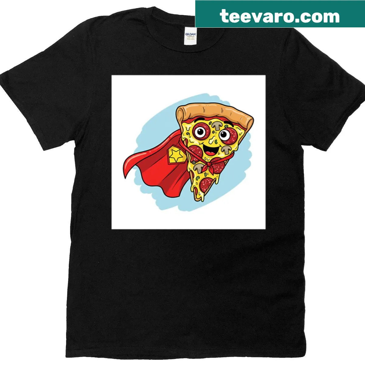 Cartoon pizza slice with a happy face and superhero cape — on a men's t-shirt