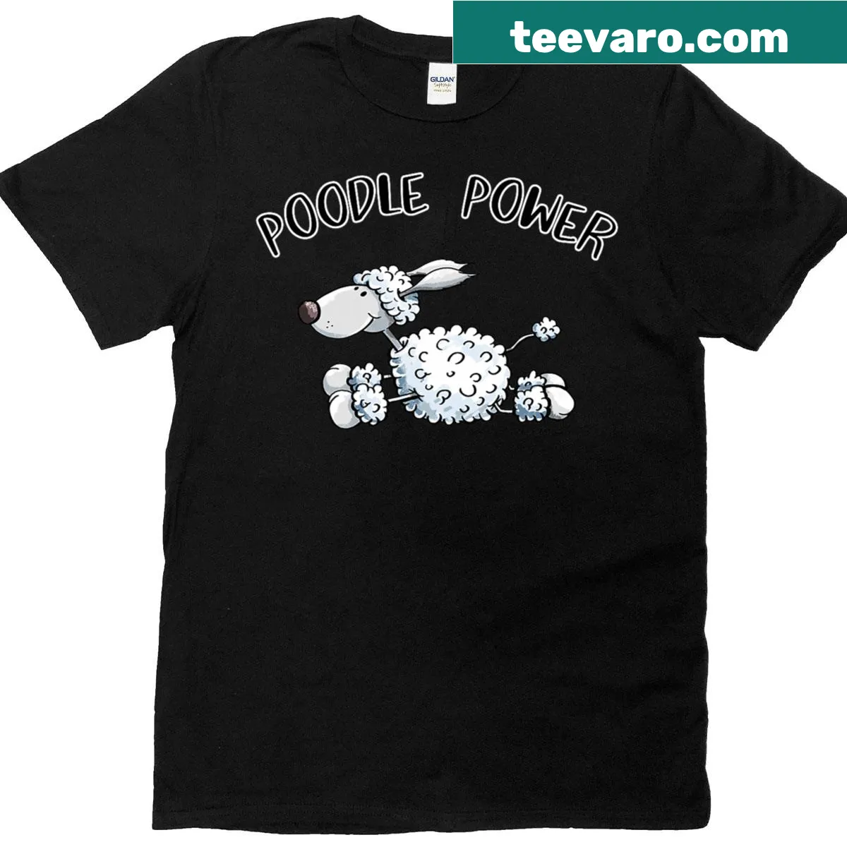 Funny cartoon dog design T-shirt featuring a poodle theme. — on a men's t-shirt