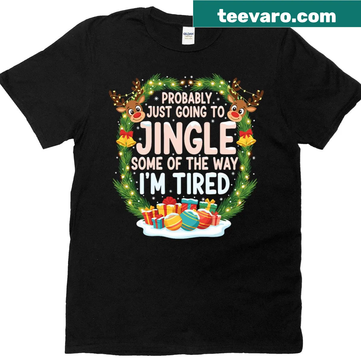 Whimsical holiday T-shirt with a playful jingle phrase — on a men's t-shirt