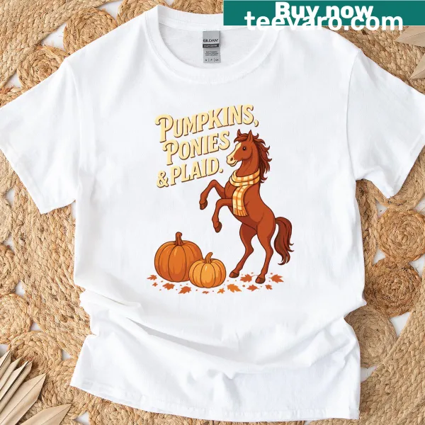 Playful fall-themed pumpkins and ponies graphic on a t-shirt