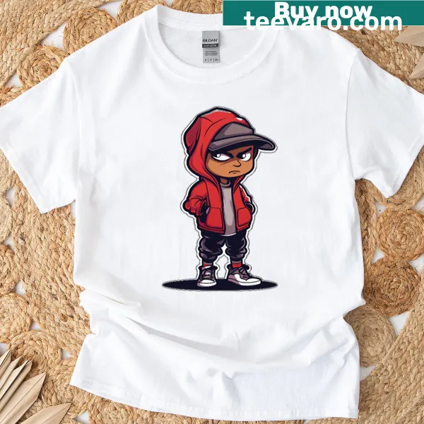 Urban streetwear character graphic on a red T-shirt