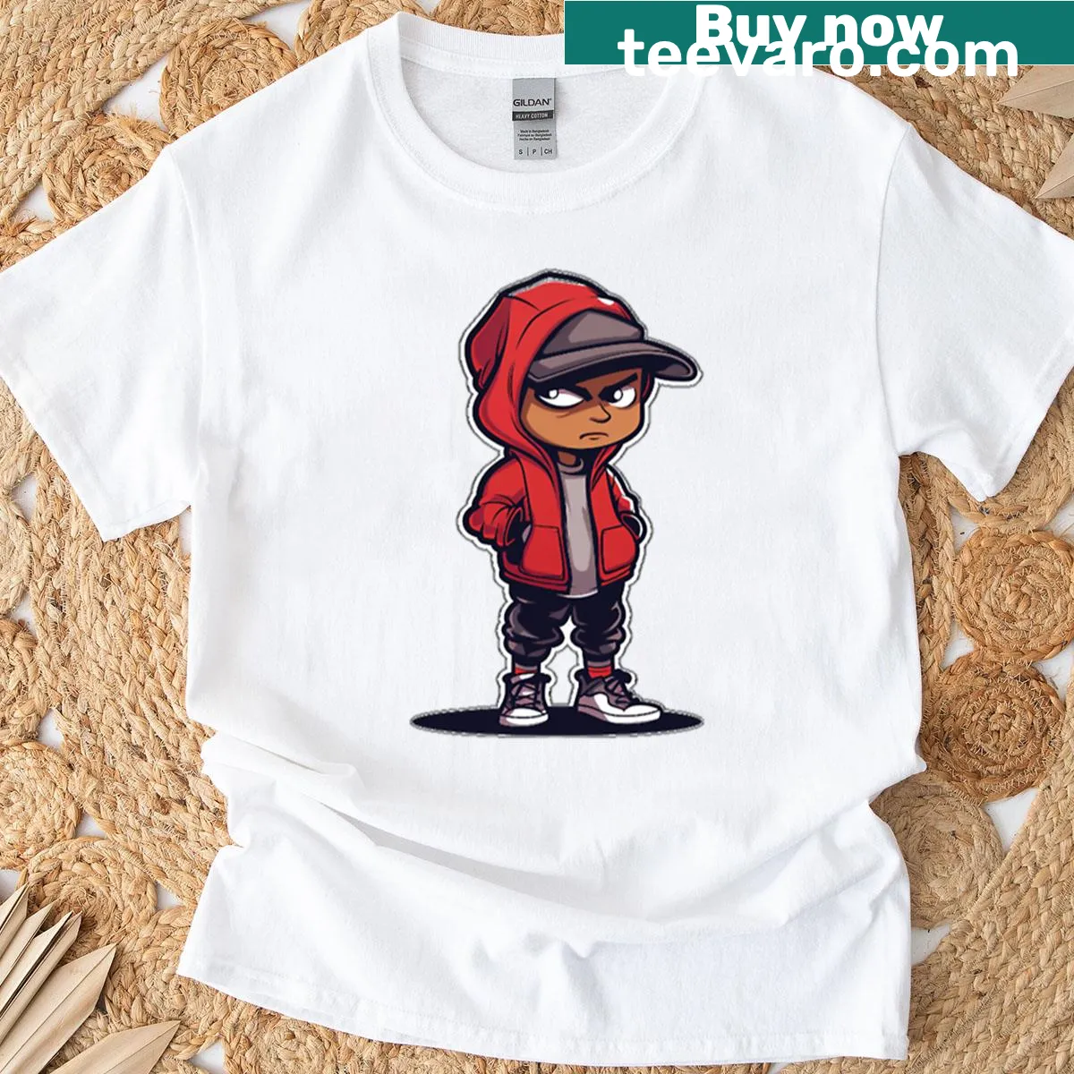 Urban streetwear character graphic on a red T-shirt — on a men's t-shirt