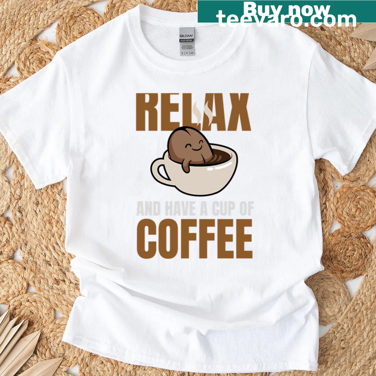 Illustrated T-shirt featuring a coffee design encouraging relaxation — on a men's t-shirt