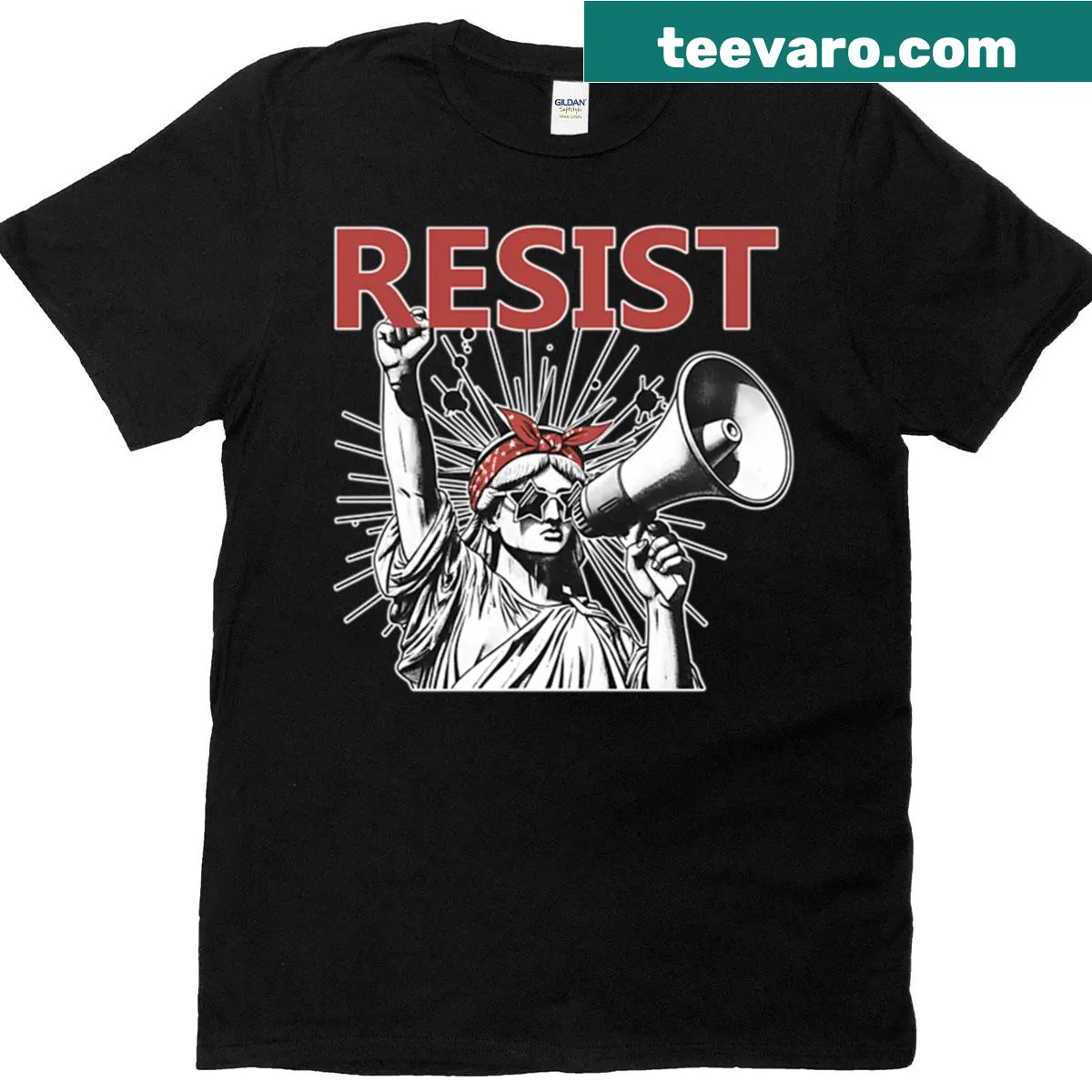 Activism-themed t-shirt featuring Lady Liberty graphic and message — on a men's t-shirt