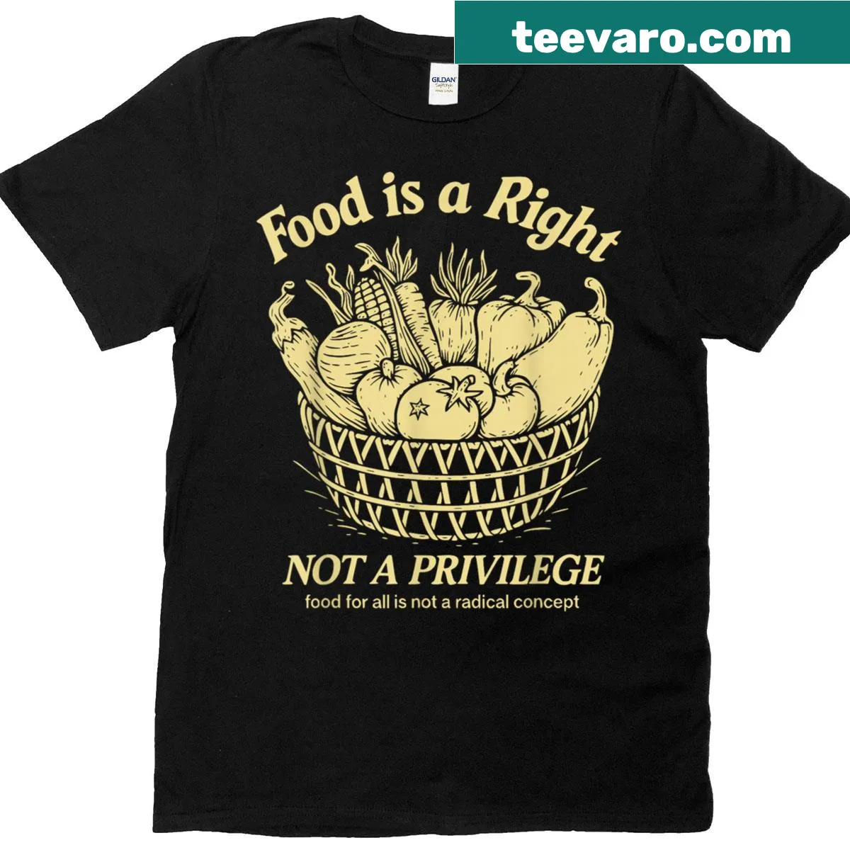 Bold graphic advocating for food equality on a vintage t-shirt — on a men's t-shirt