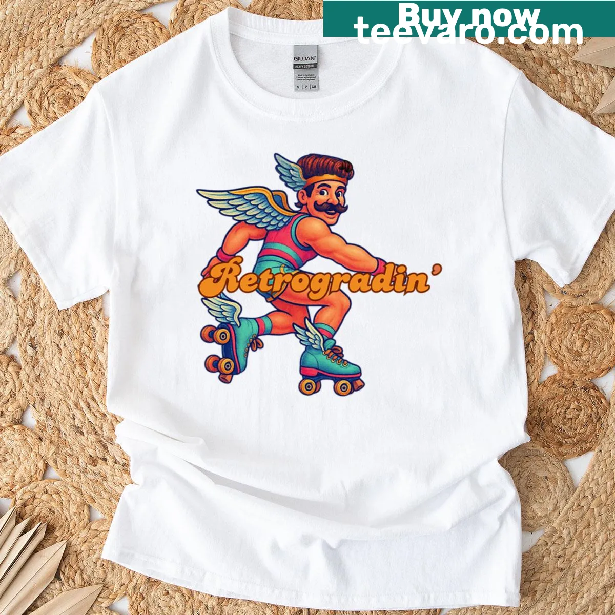 Retro T-shirt featuring Mercury roller skating in an astrology design — on a men's t-shirt