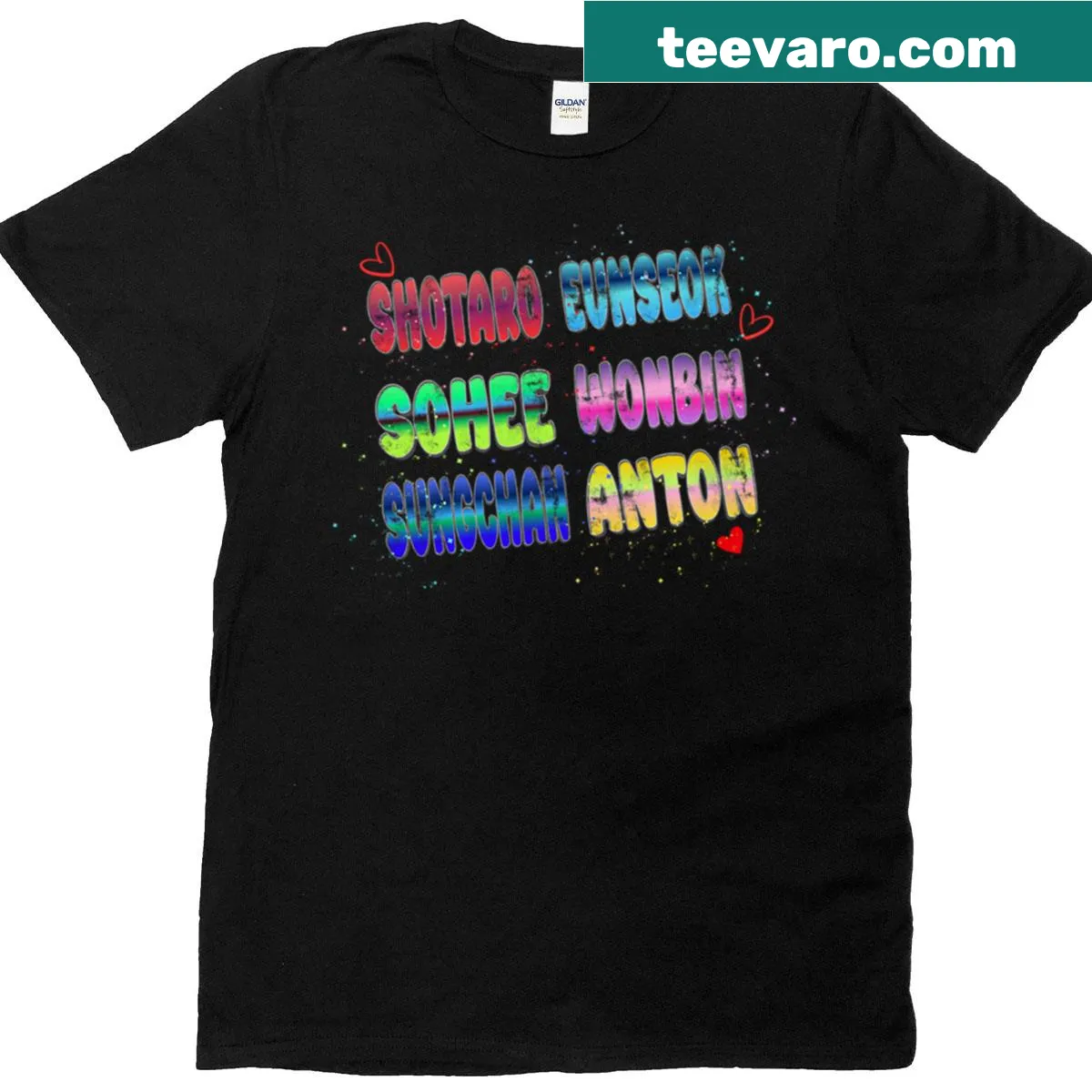 K-pop T-shirt featuring Riize members' names in a rainbow gradient — on a men's t-shirt