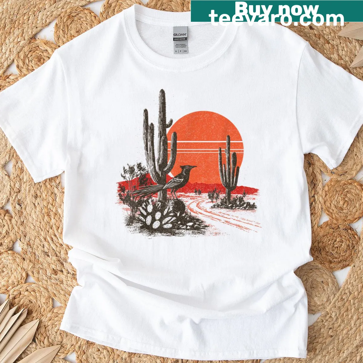 Illustration of a roadrunner and cactus representing the desert — on a men's t-shirt