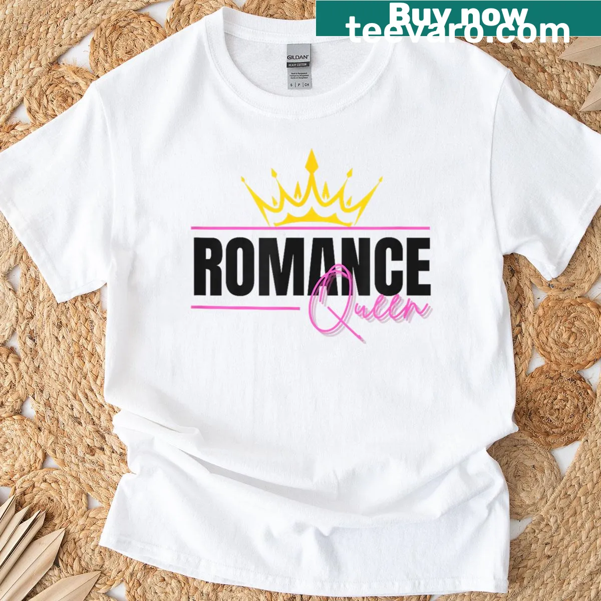 Typography T-shirt with 'Romance Queen' for book lovers — on a men's t-shirt