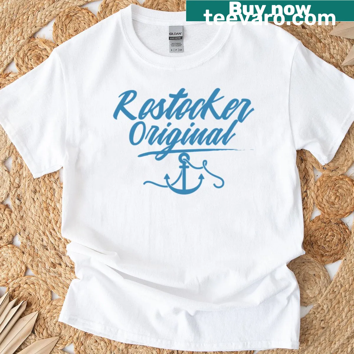 Nautical-themed T-shirt with Rostock lettering and anchor design — on a men's t-shirt