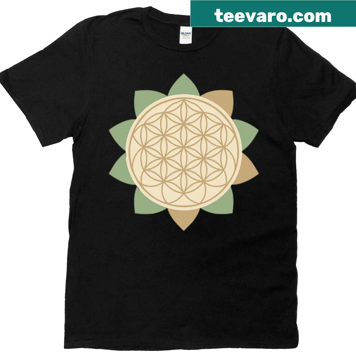 Intricate sacred geometry illustration on a nature-themed t-shirt — on a men's t-shirt
