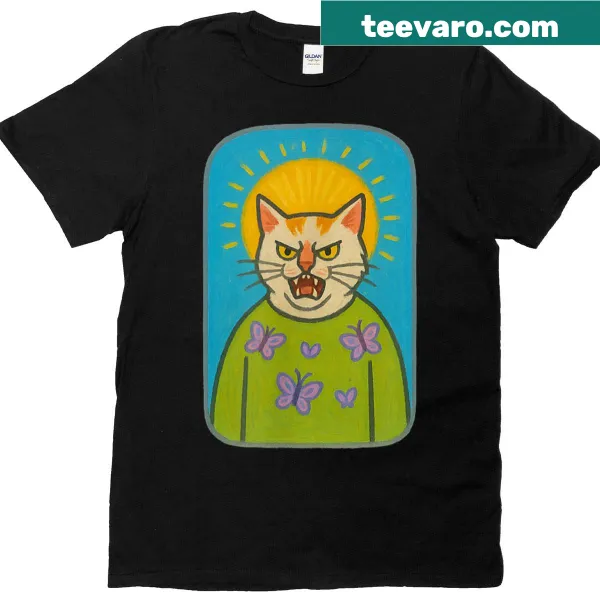 Folk art design featuring the Saint Alara-cat on a T-shirt.
