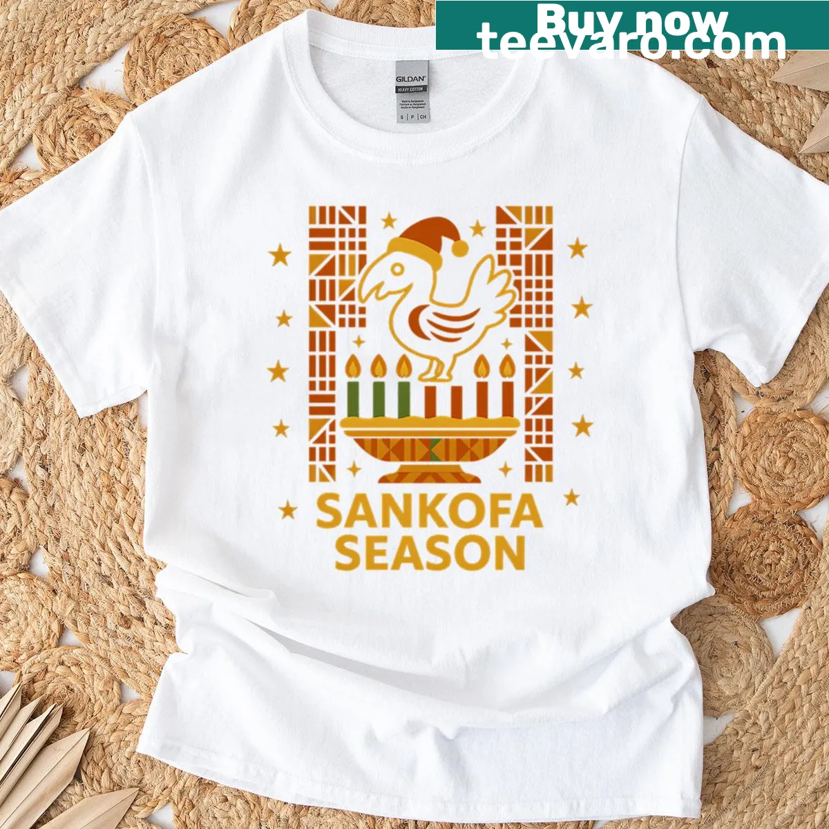 Kinara and bird design for Kwanzaa on a holiday style t-shirt — on a men's t-shirt