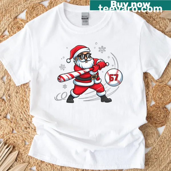 Funny Santa in a baseball swing pose on a T-shirt