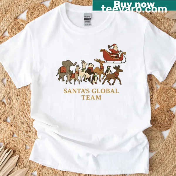 Cute holiday animal parade illustration with Santa's sleigh on t-shirt
