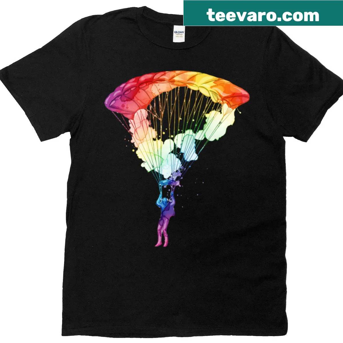 Vibrant watercolor skydiving-themed t-shirt with rainbow splatter design — on a men's t-shirt
