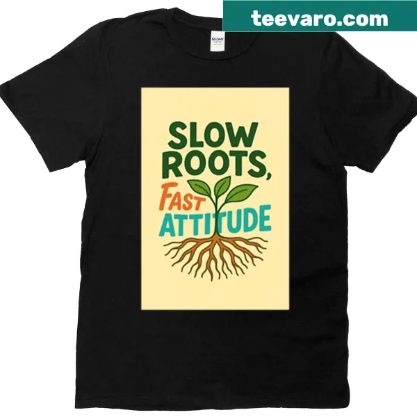 Hand lettered botanical quote tee with the text 'Slow Roots Fast Attitude'