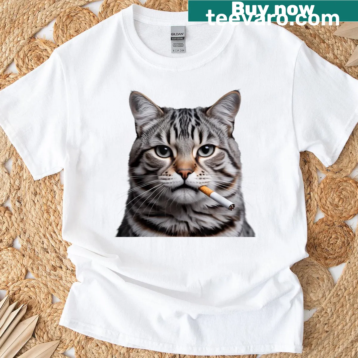 Funny cat illustration smoking a cigarette for cat lovers — on a men's t-shirt