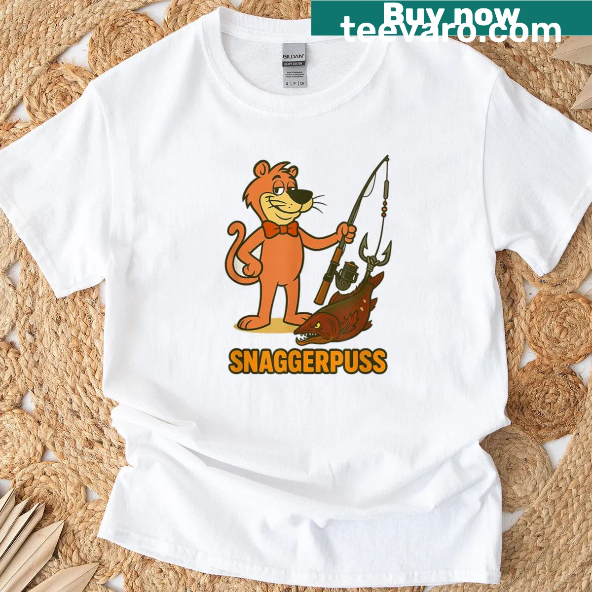 Graphic of Snagger Puss celebrating fishing on a T-shirt — on a men's t-shirt