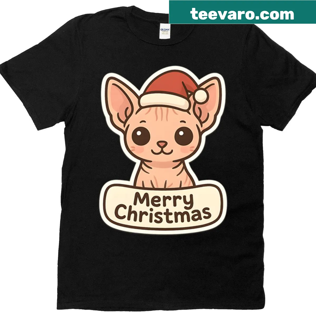 Sphynx cat wearing a Santa hat for Christmas — on a men's t-shirt