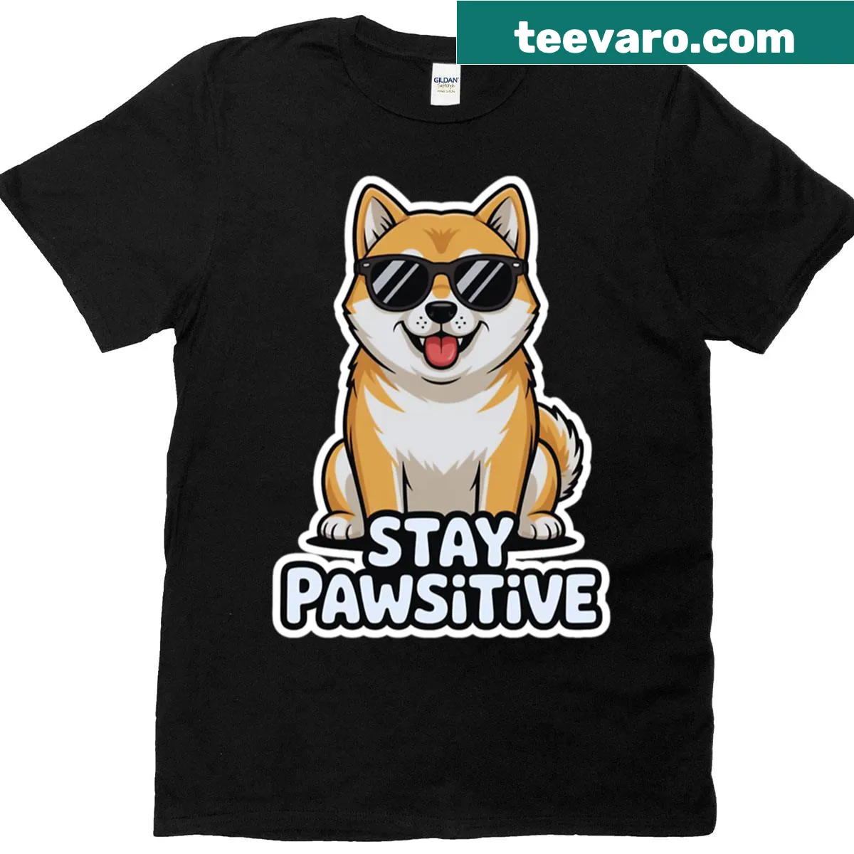 Illustrative Shiba Inu with the phrase Stay Pawsitive on a t-shirt — on a men's t-shirt