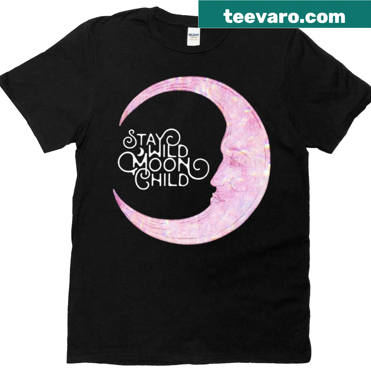 Celestial boho design featuring a pink moon and stars — on a men's t-shirt