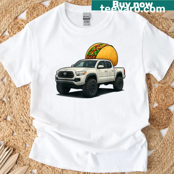 Cartoon taco truck on an offroad trail printed on a tee