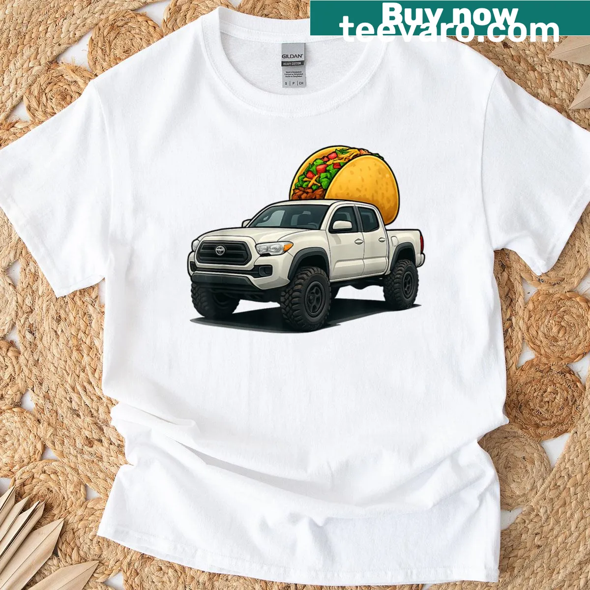 Cartoon taco truck on an offroad trail printed on a tee — on a men's t-shirt