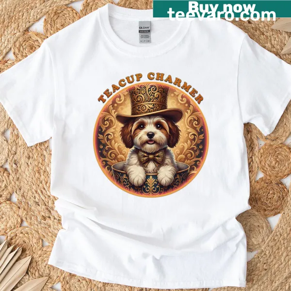 Whimsical illustration of Havanese dog in a teacup on T-shirt
